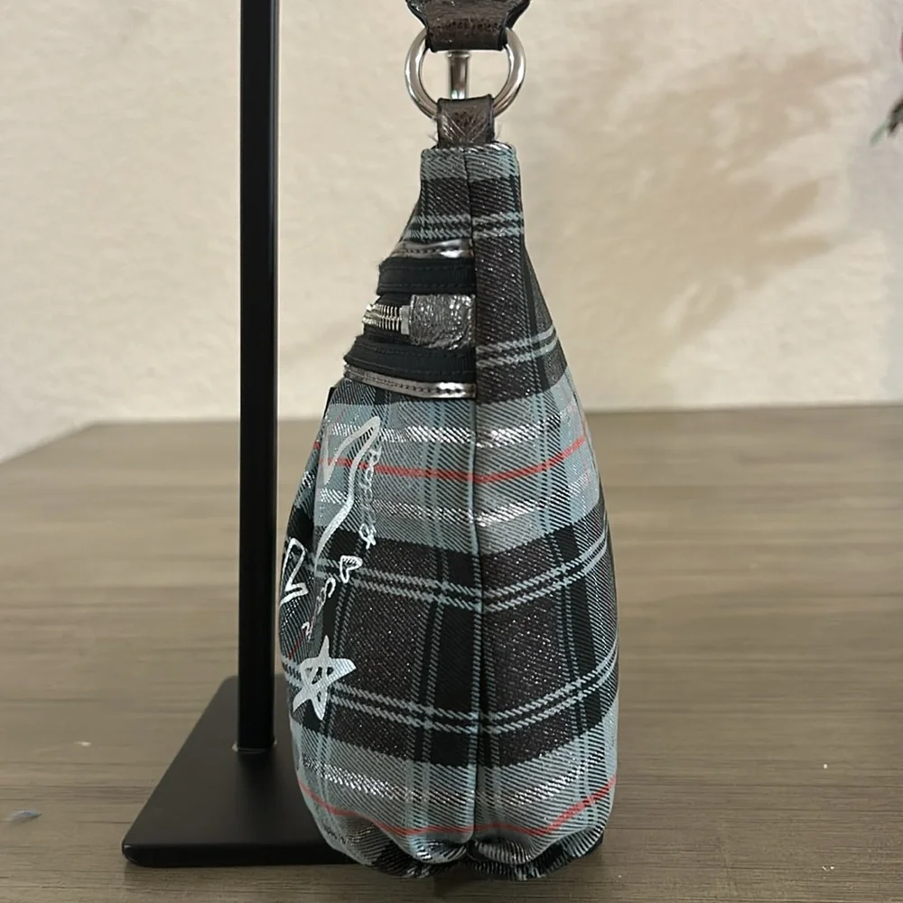 COACH POPPY Blue Plaid Silver Metallic Graffiti Purse Vintage - Picture 4 of 12